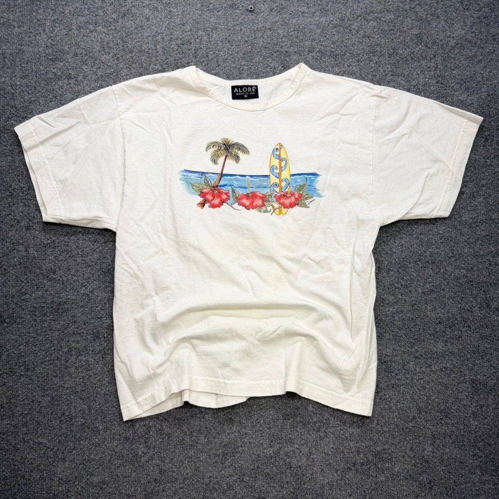 Vintage Alore Made in USA Tropical Surf Beach Graphic T-Shirt Cream Mens Medium